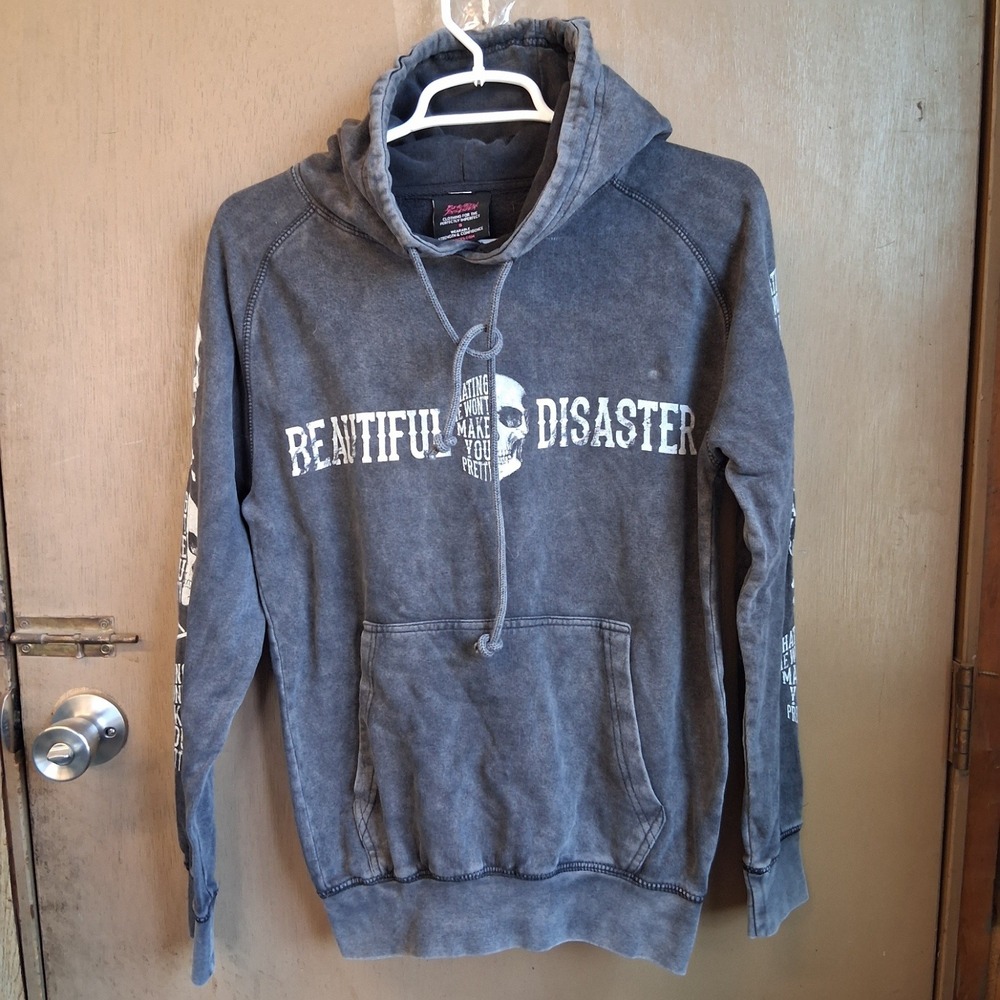 Beautiful Disaster Hating Me Skull Mineral Wash Pullover Hoodie Gray XS Cozy EUC